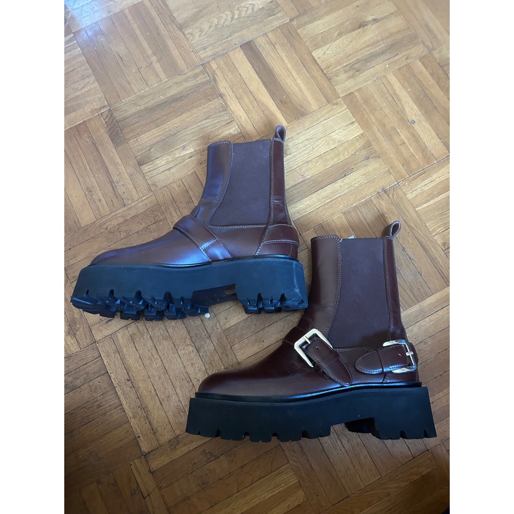 Sandro Platform Boots Women's Size 7 Burgundy‎ Excellent Buckle Detail - Picture 2 of 6